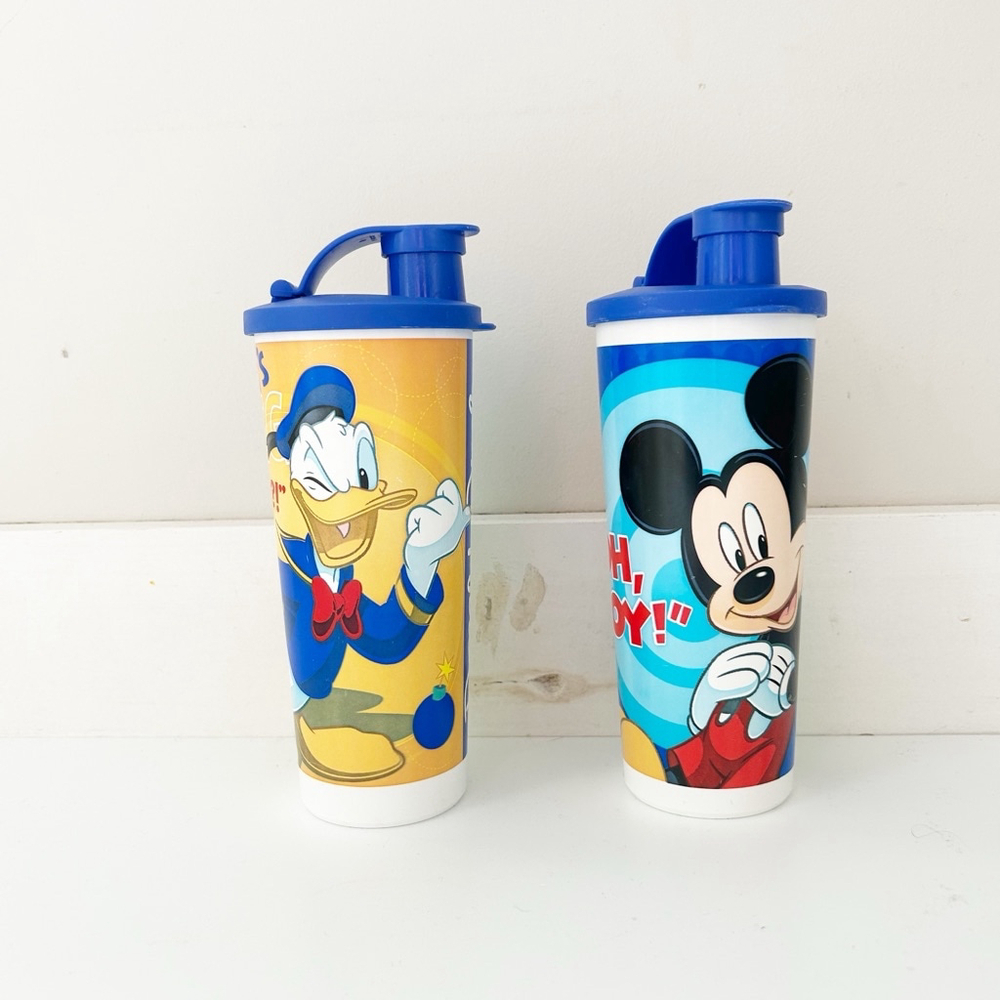 Two Tupperware Disney Tumbler Cups w/ Lids Mickey Mouse & Donald Duck Blue 16 oz
